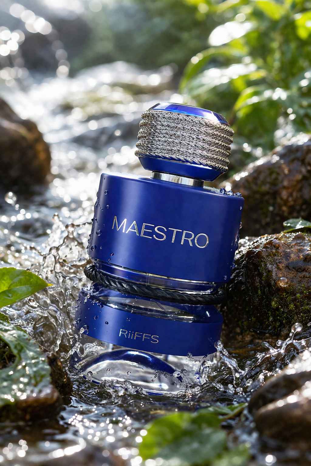 Perfume Riiffs Maestro en composición publicitaria estilo lujo