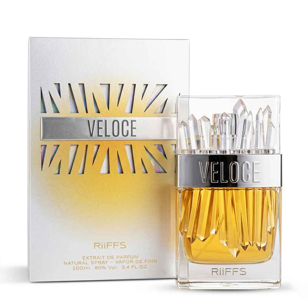 Perfume Riiffs Veloce en composición con caja abierta y presentación completa
