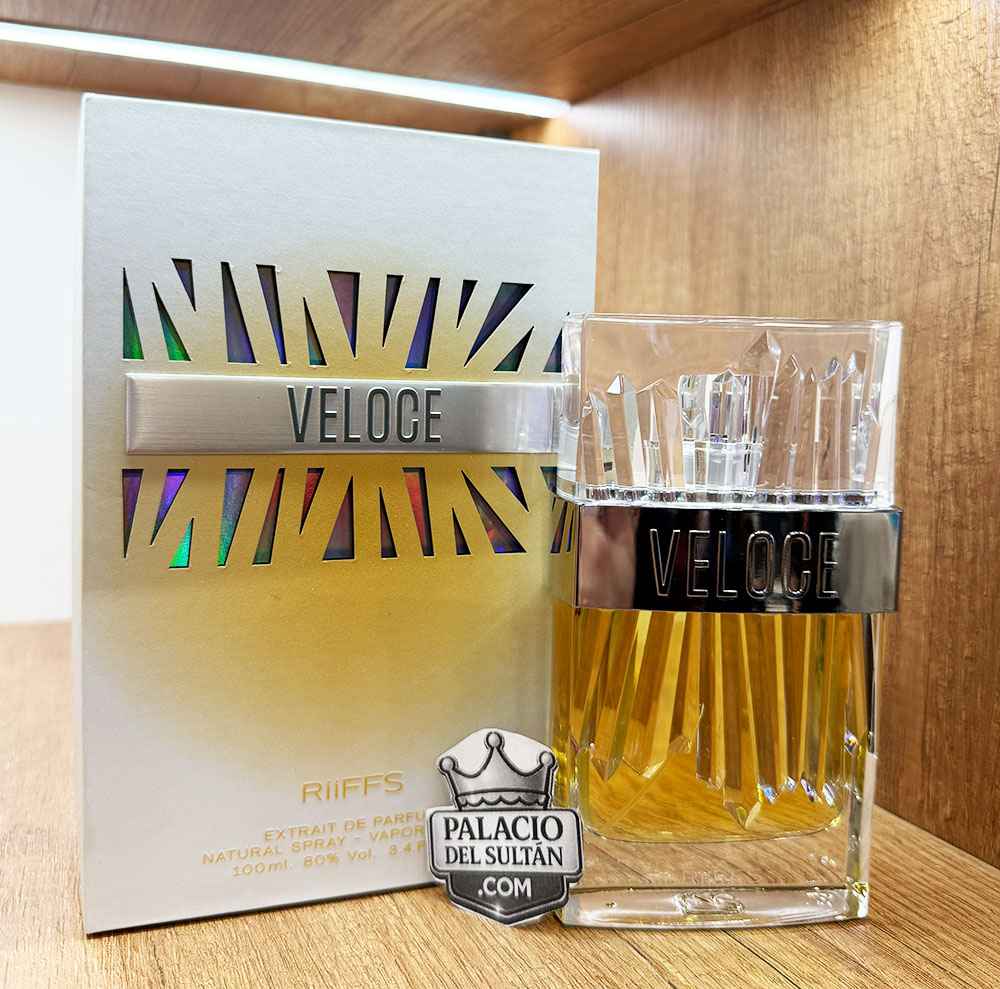 Caja y perfume Riiffs Veloce en presentación completa con detalles metálicos brillantes