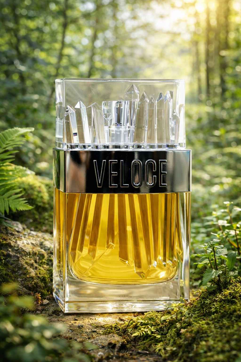 Perfume Riiffs Veloce sobre superficie de madera con iluminación cálida elegante