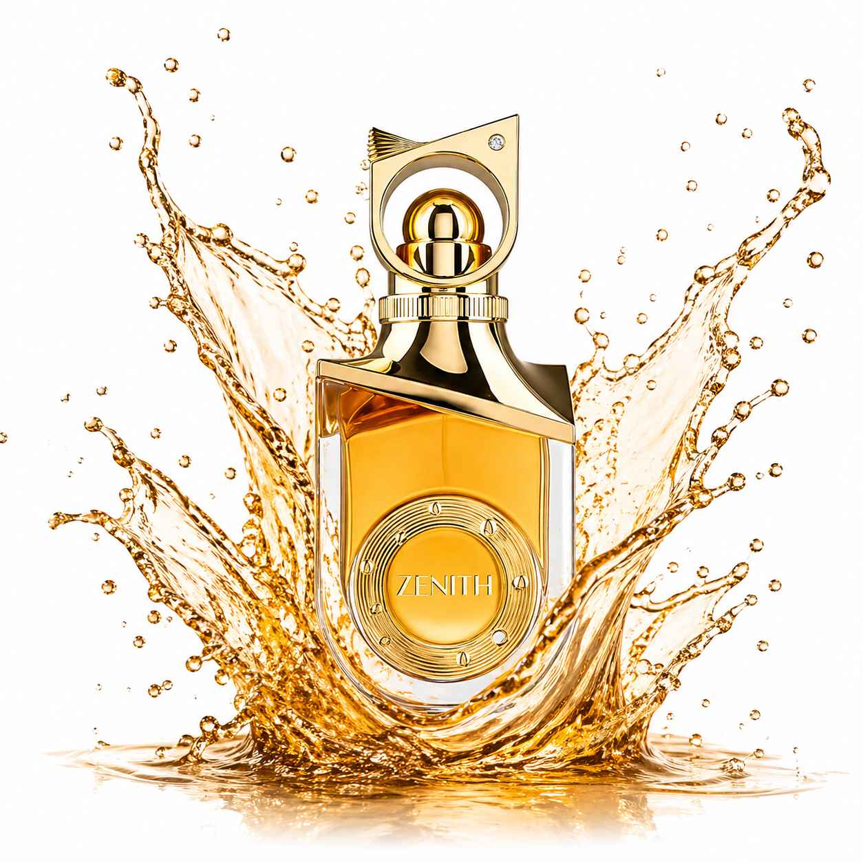 Riiffs Zenith frasco con splash dorado y líquido en movimiento estilo gourmand