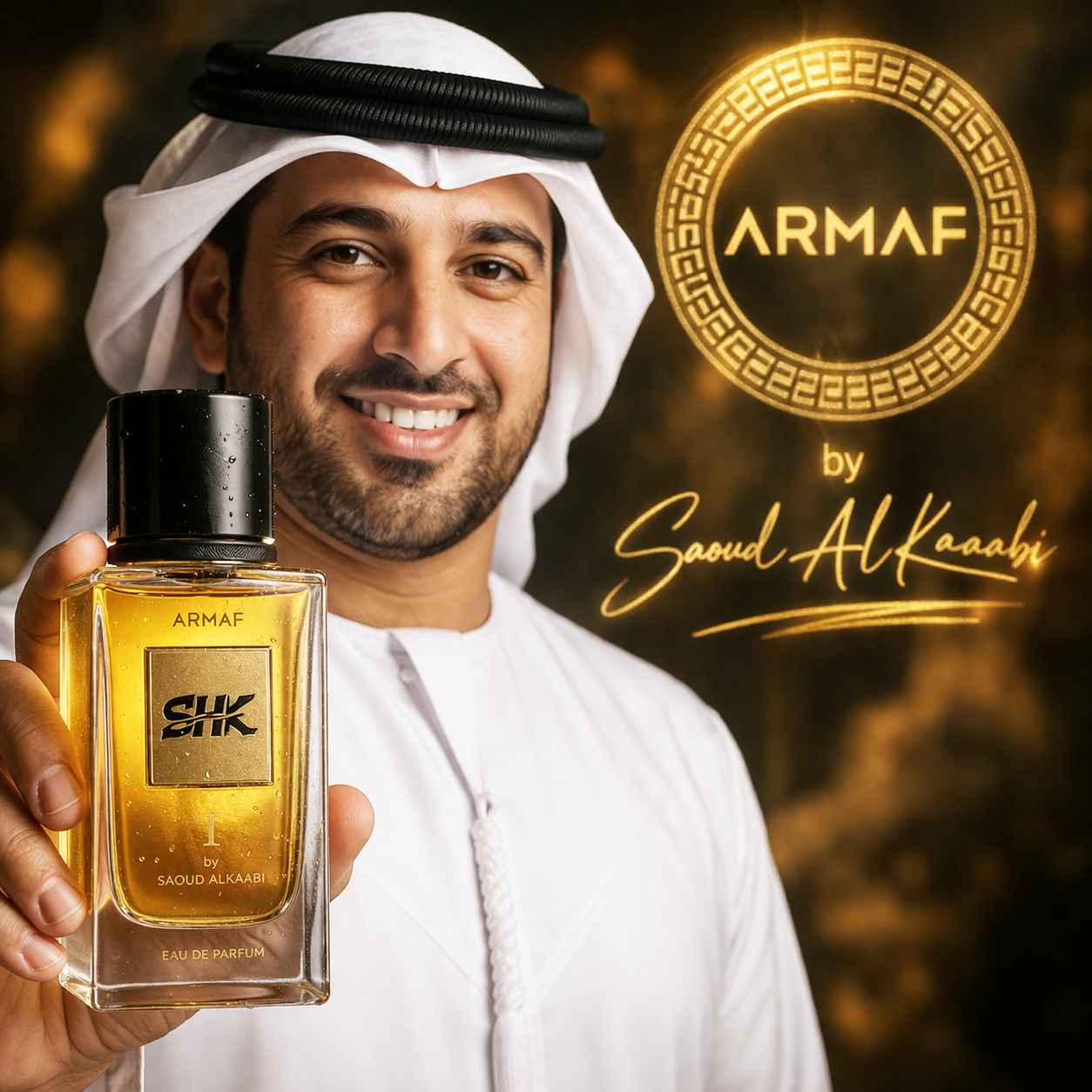 Armaf SHK I perfume con modelo elegante en ambiente sobrio interior