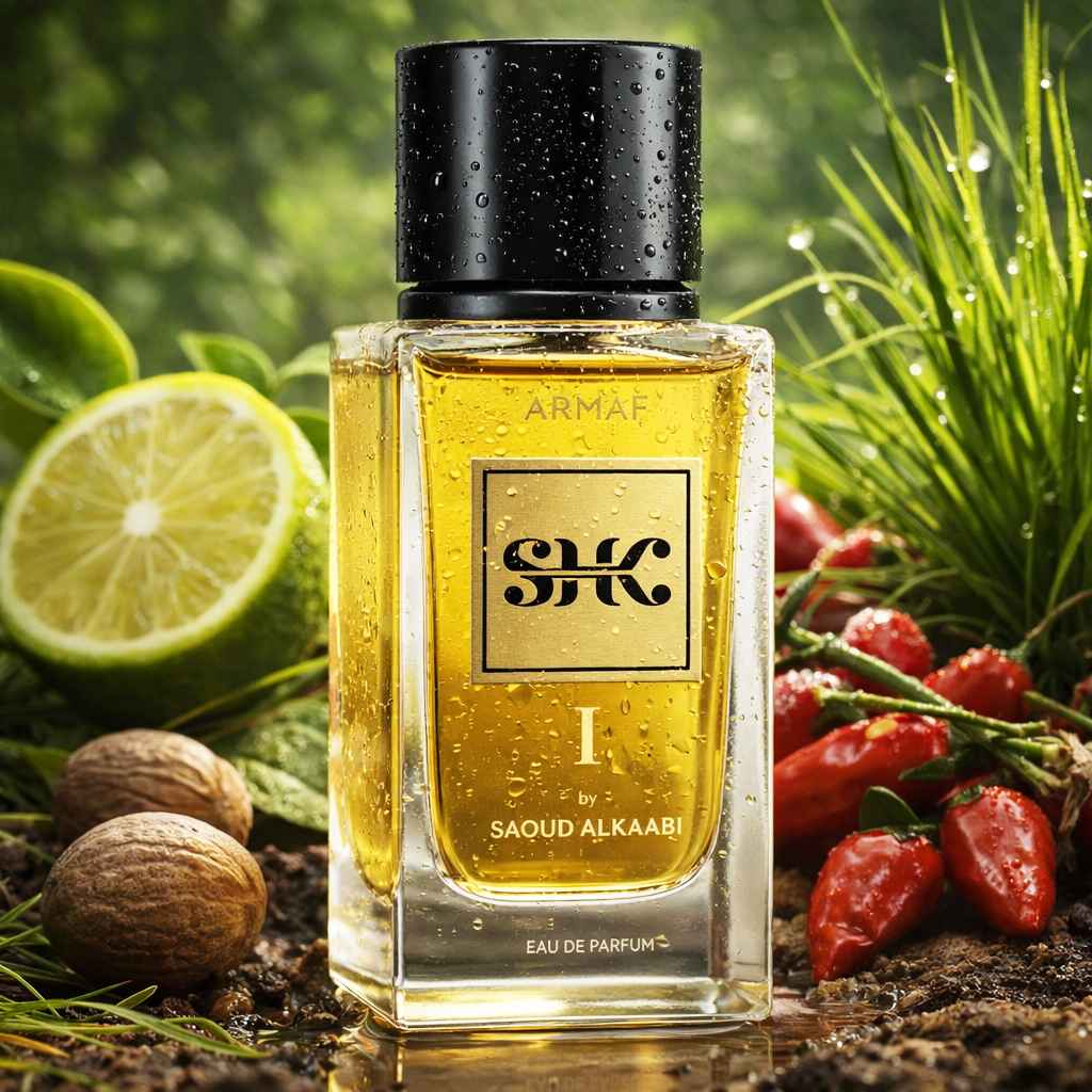 Armaf SHK I frasco rodeado de maderas, bergamota y especias en entorno natural