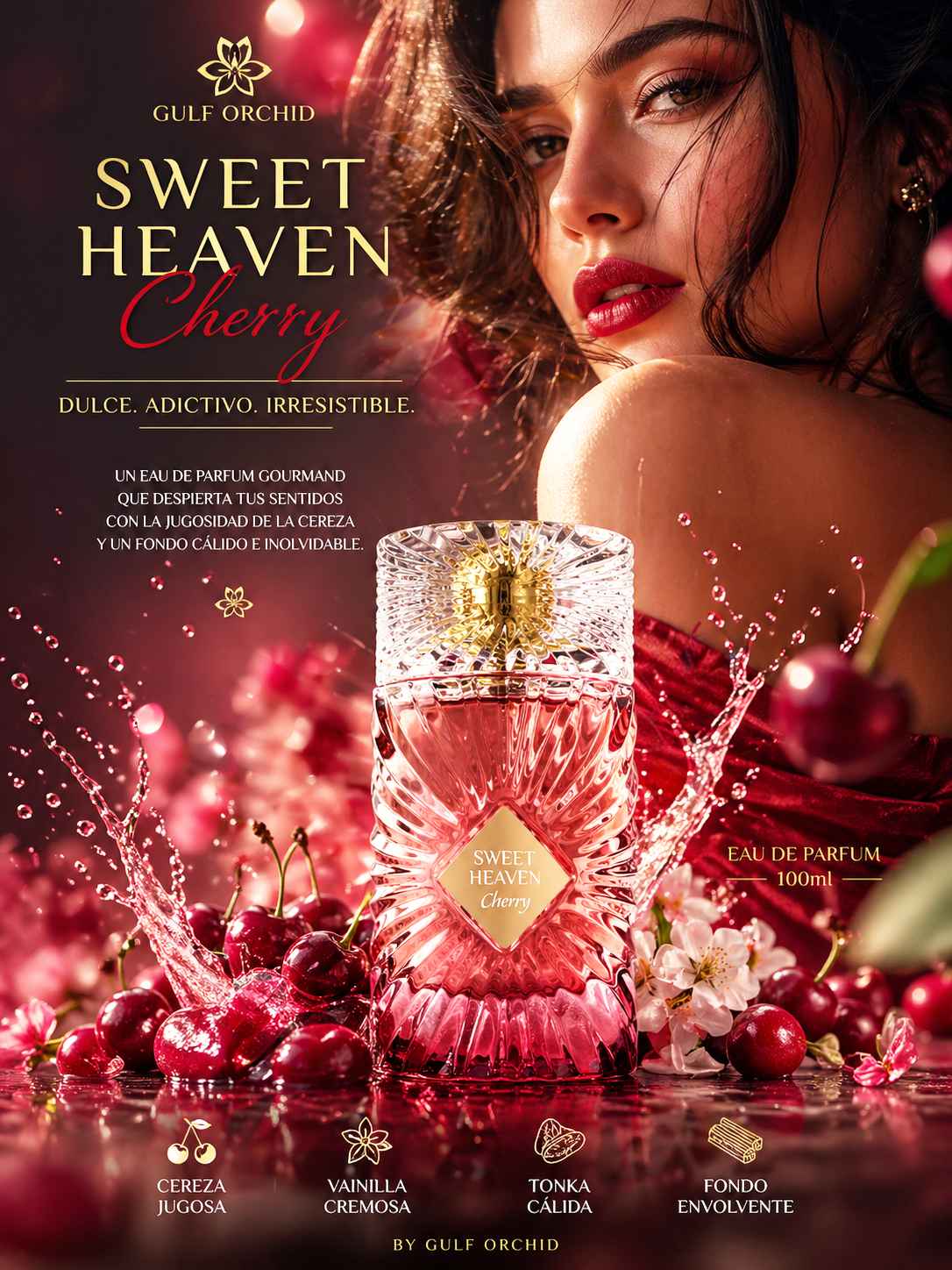 Gulf Orchid Sweet Heaven Cherry composición publicitaria con modelo en ambiente sofisticado