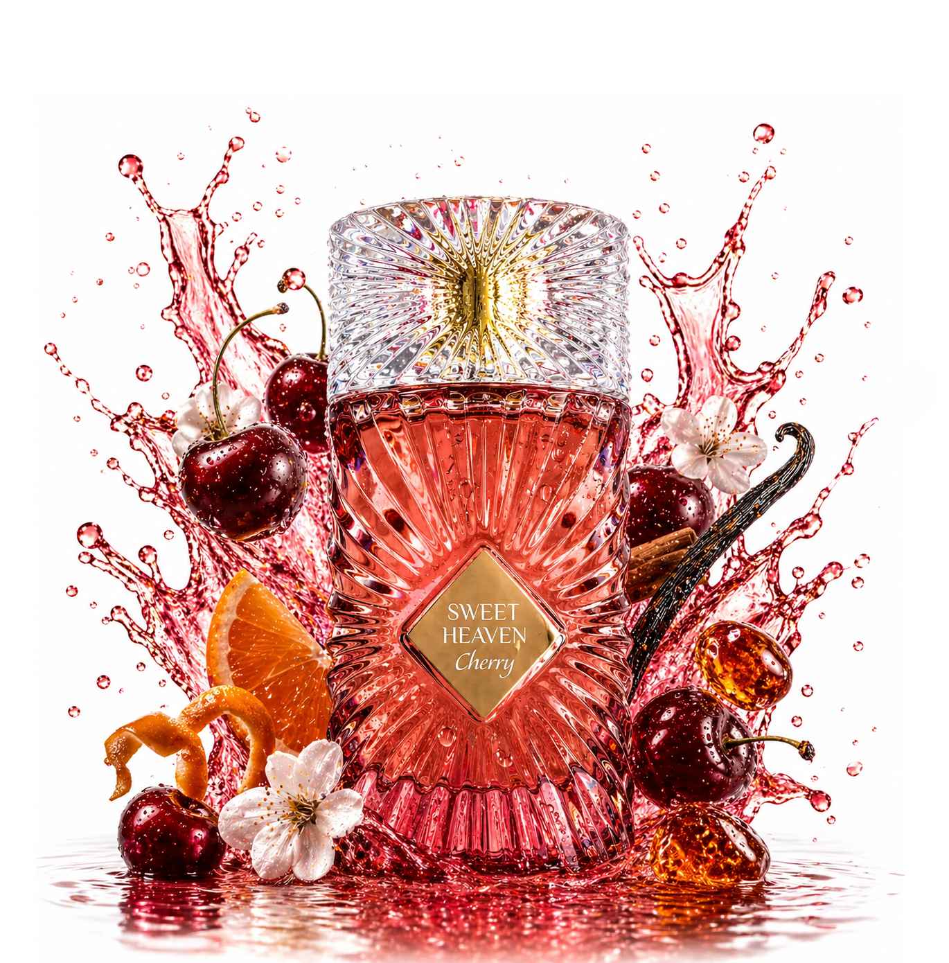 Gulf Orchid Sweet Heaven Cherry frasco con líquido en movimiento creando efecto splash dinámico