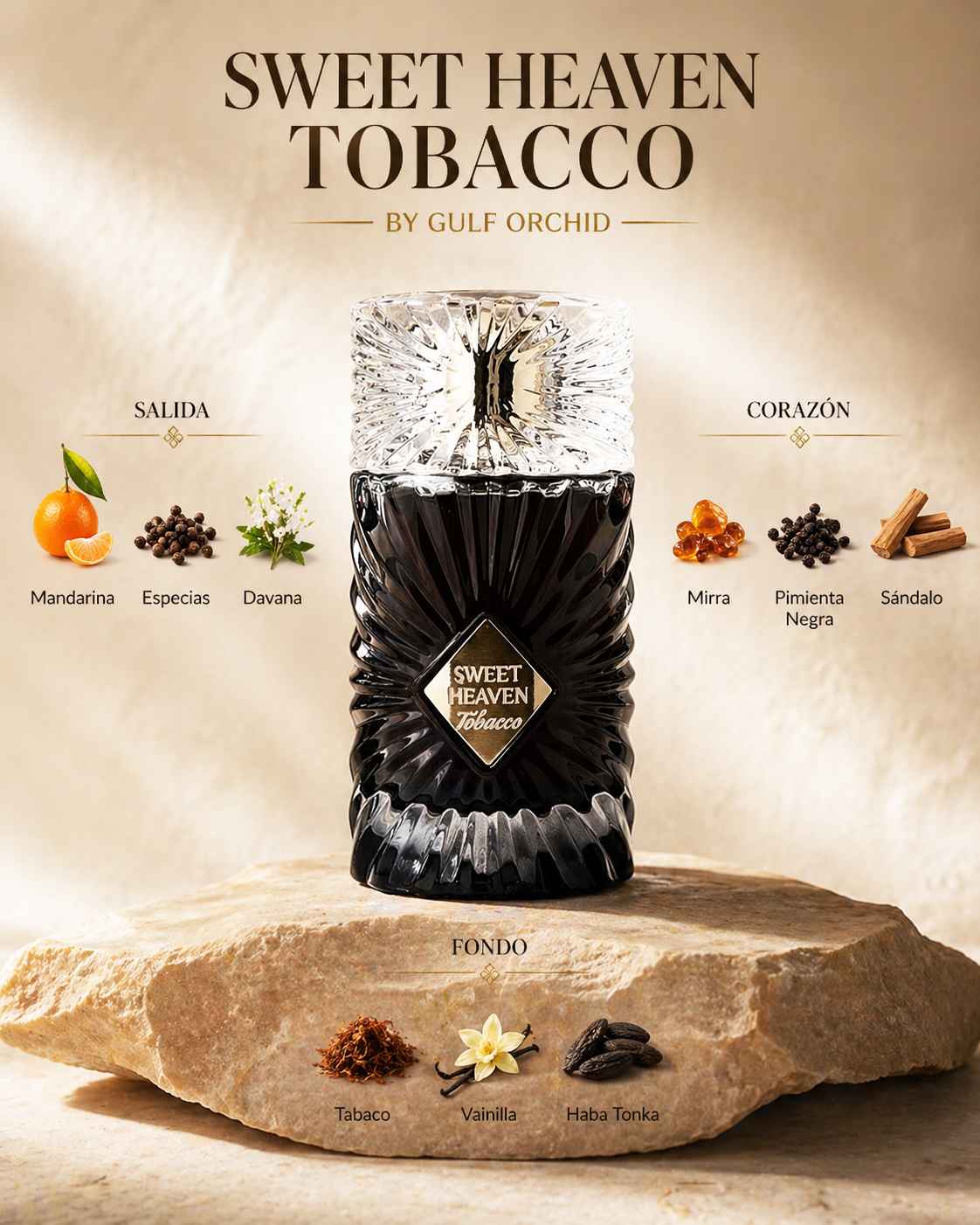 Gulf Orchid Sweet Heaven Tobacco composición NaturalDos con ingredientes alineados