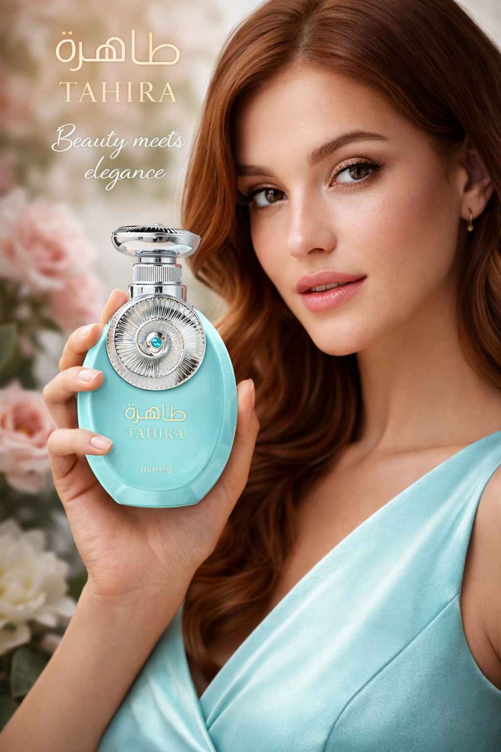 Riiffs Tahira perfume con modelo mujer elegante en ambiente interior luminoso