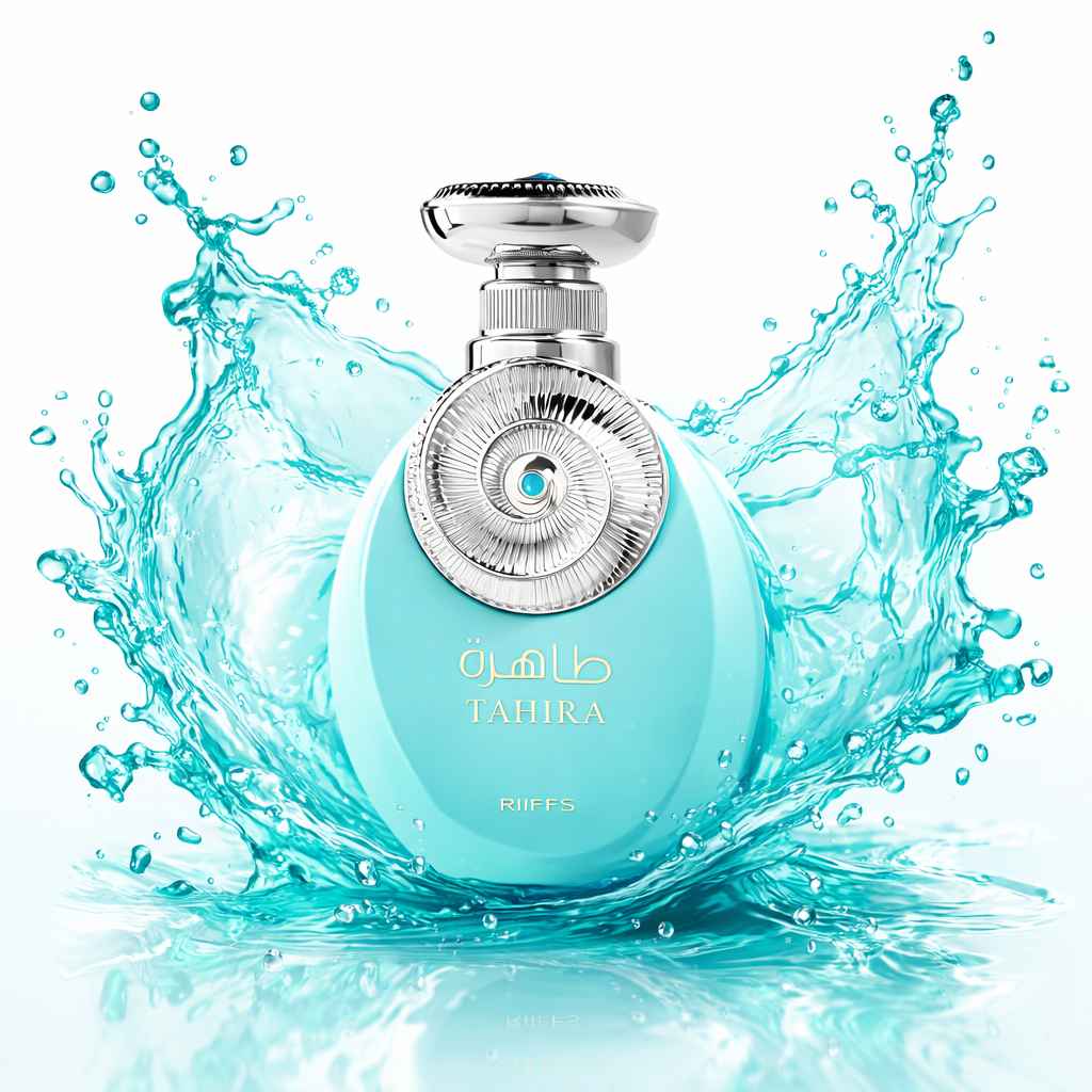 Riiffs Tahira frasco de perfume con salpicadura de líquido rosa en movimiento sobre fondo limpio