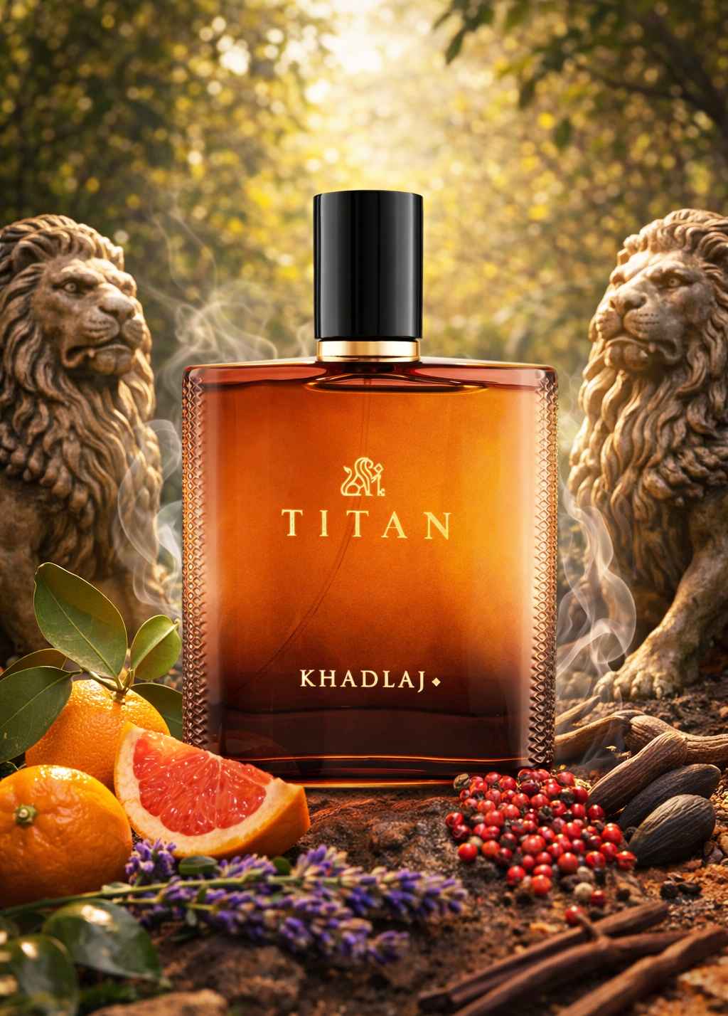 Khadlaj Titan bodegón creativo con fondo cálido y detalles inspirados en su aroma