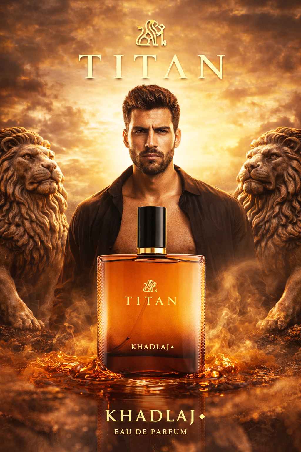 Khadlaj Titan campaña publicitaria con modelo masculina y estética sobria de noche