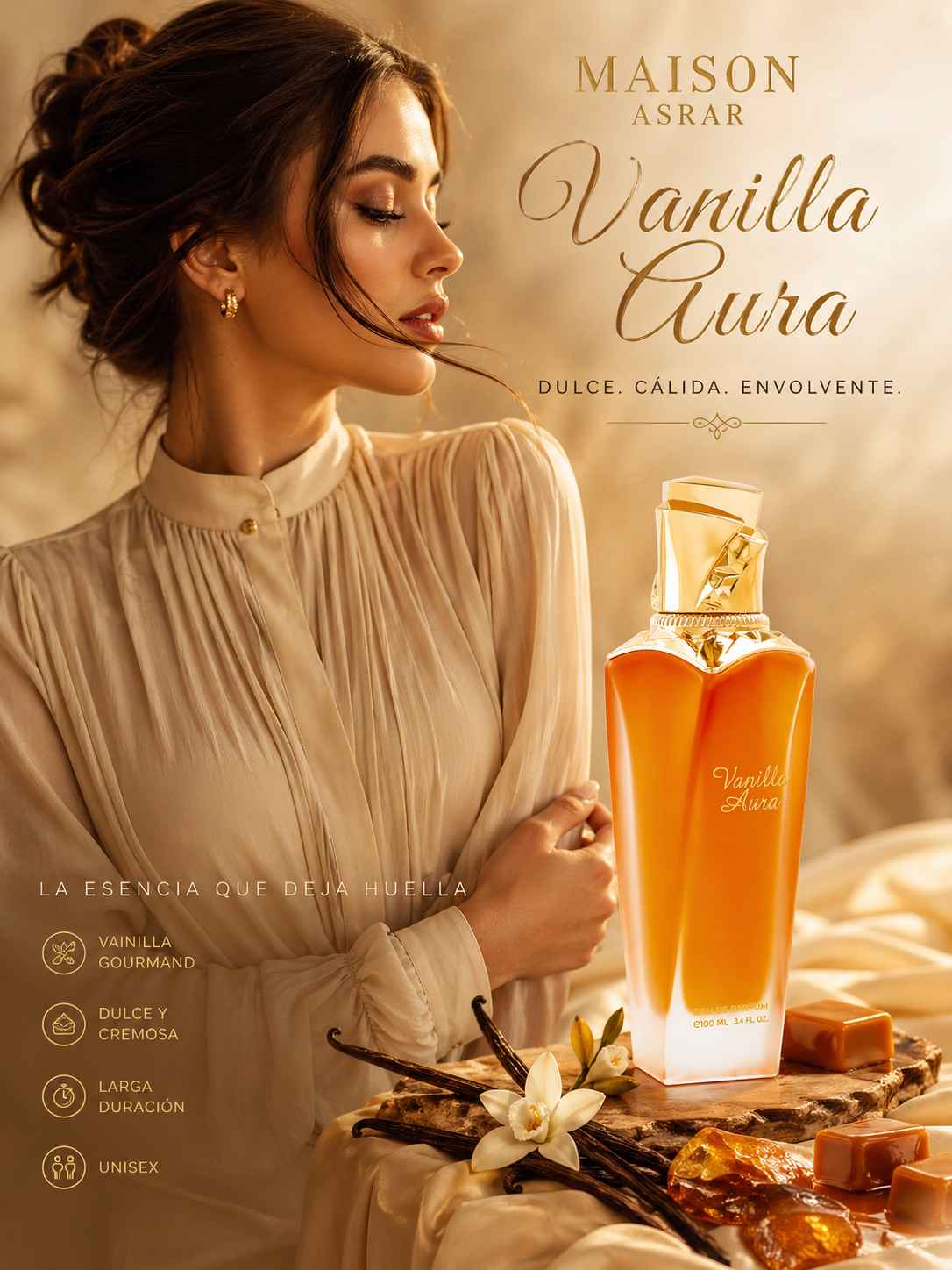 Maison Asrar Vanilla Aura composición publicitaria con modelo en ambiente cálido y tono dulce