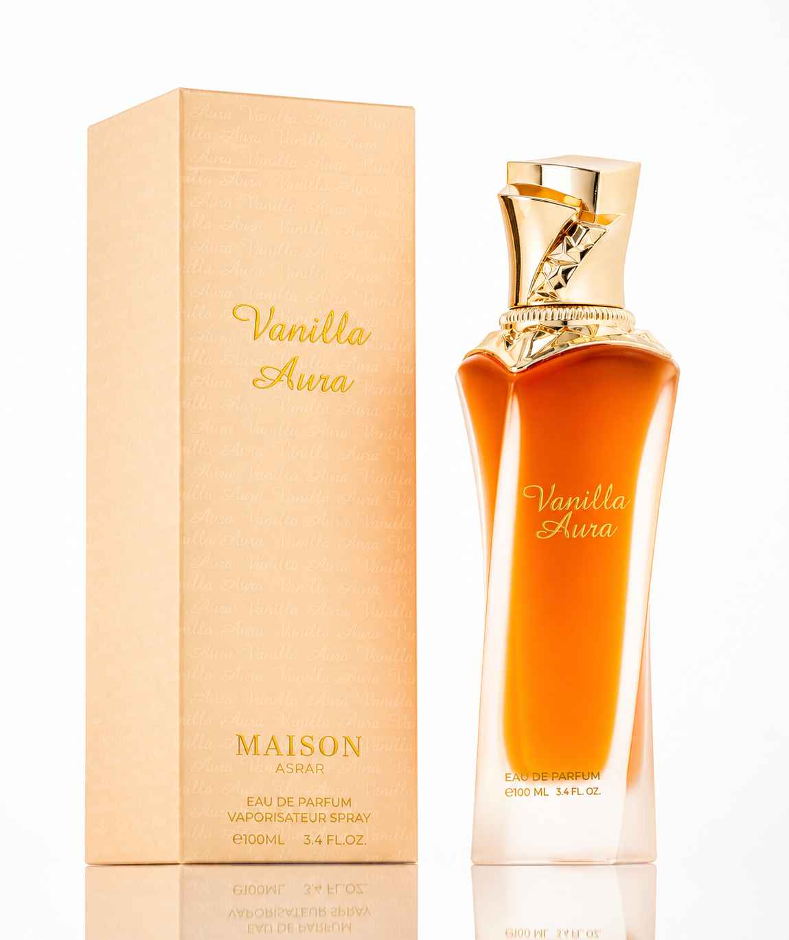 Maison Asrar Vanilla Aura presentación completa con caja y frasco en imagen tipo catálogo