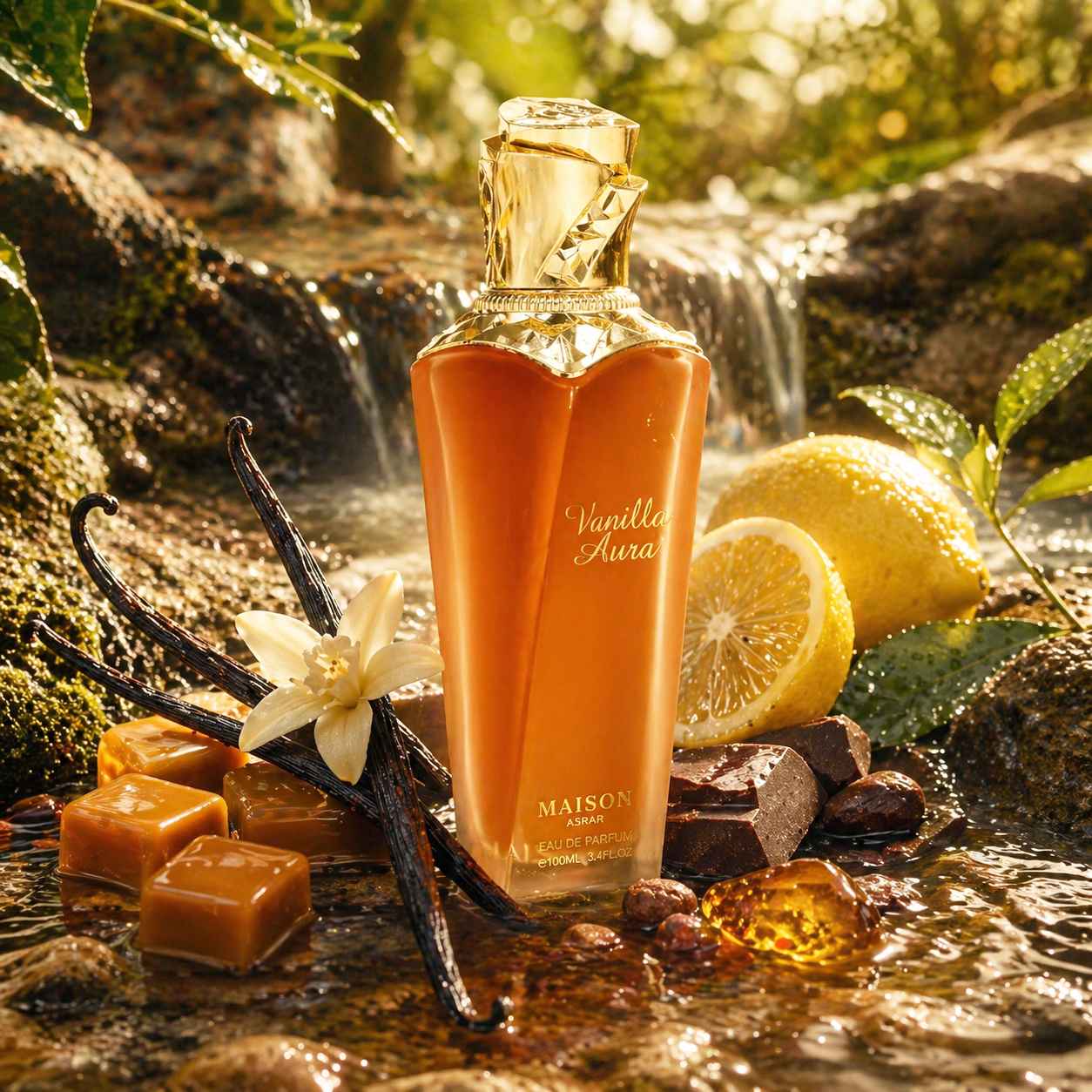 Maison Asrar Vanilla Aura escena con elementos dulces inspirados en vainilla y caramelo alrededor