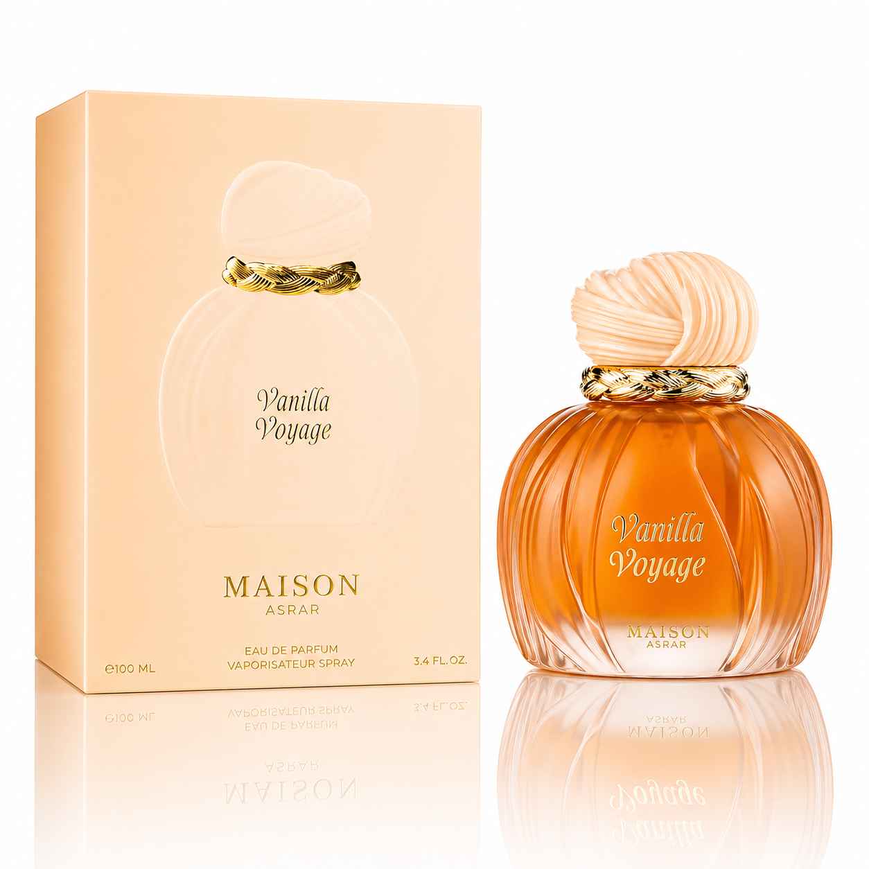 Maison Asrar Vanilla Voyage presentación del producto con caja y frasco en estudio iluminado