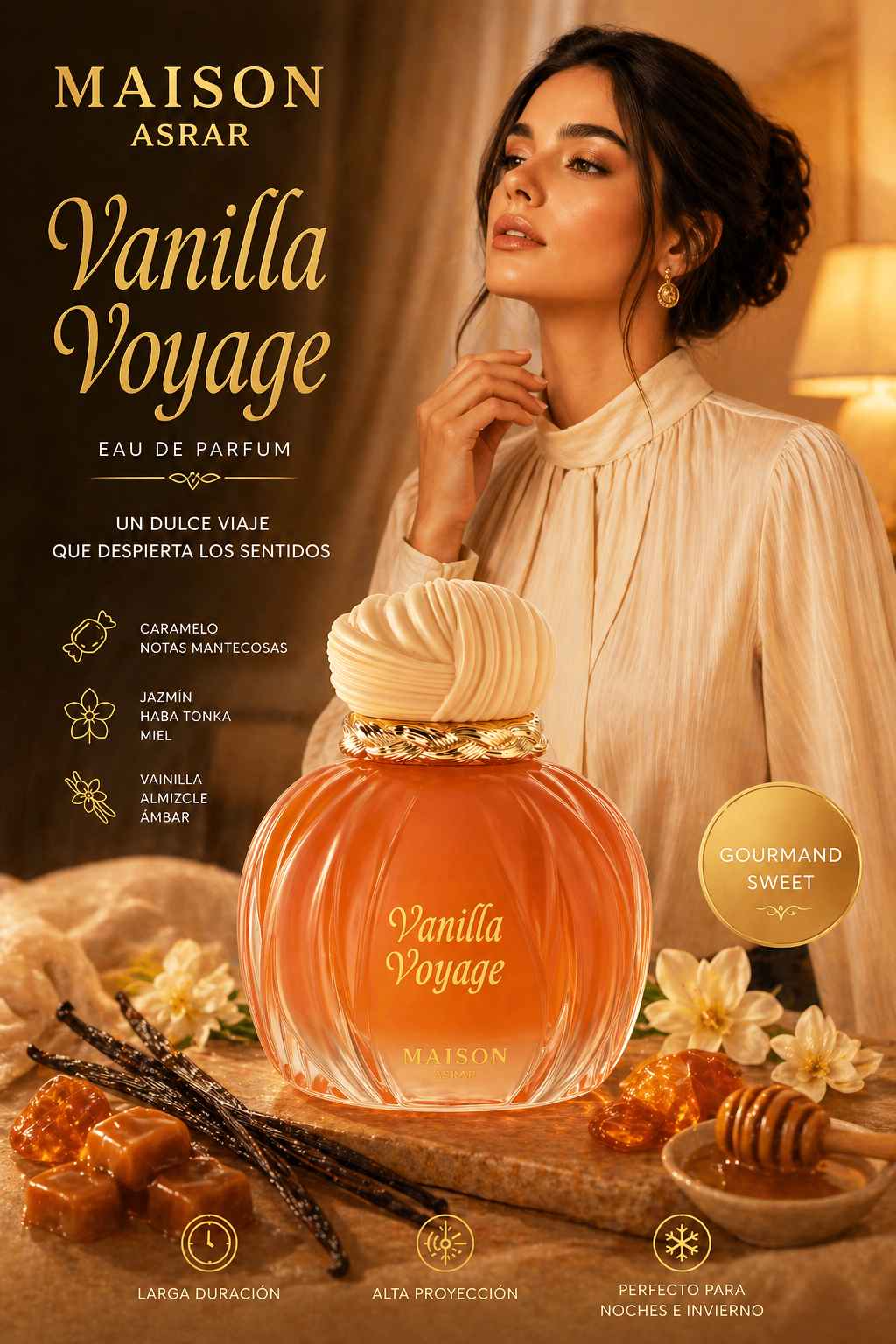Maison Asrar Vanilla Voyage composición publicitaria con modelo en ambiente nocturno