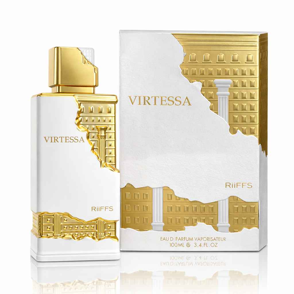 Frasco Virtessa Riiffs con caja en fondo blanco estilo catálogo profesional