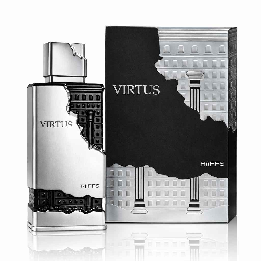 Frasco Virtus Riiffs con caja original en fondo blanco estilo catálogo