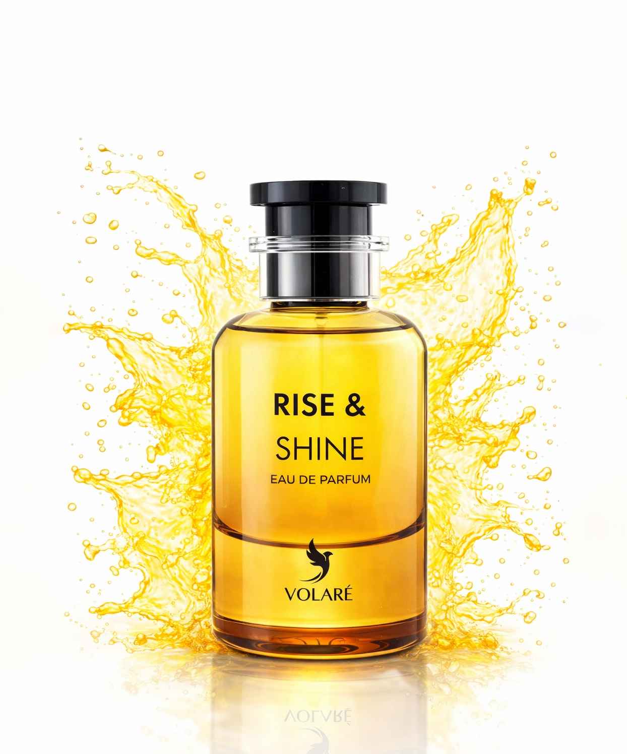 Volaré Rise and Shine frasco perfume con efecto splash sobre fondo blanco