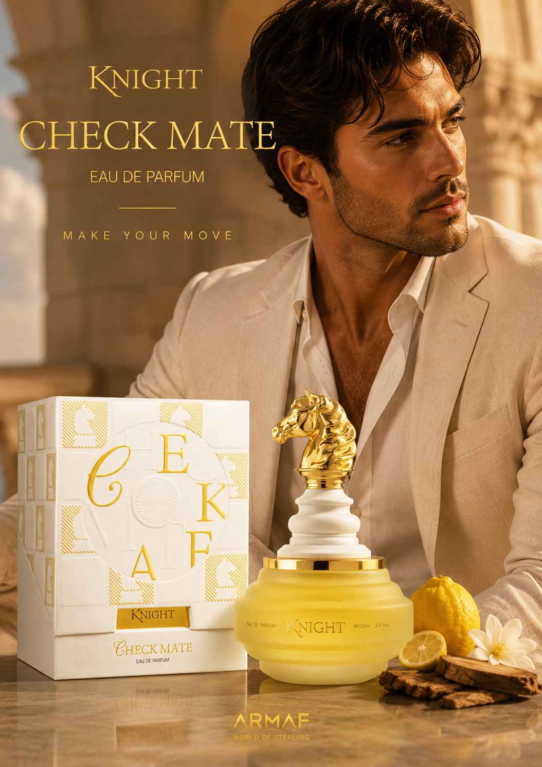 Imagen lifestyle elegante de Armaf Check Mate White para hombre