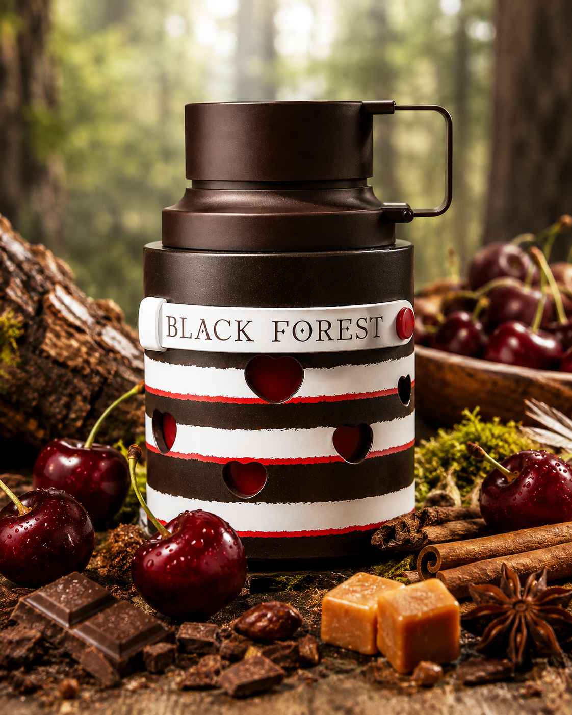 Armaf Black Forest escena natural con cereza y ambiente calido nocturno elegante