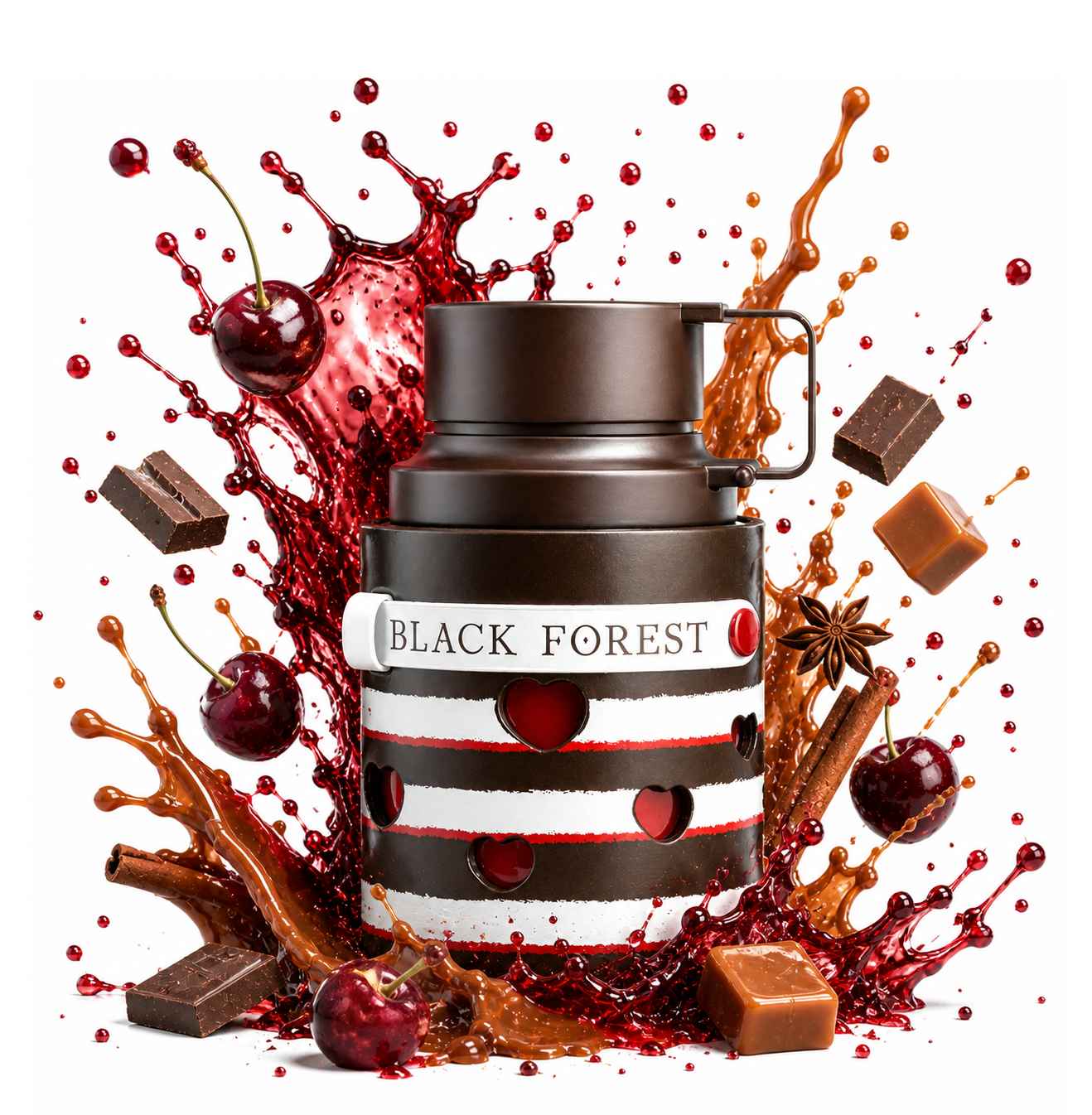 Armaf Black Forest frasco con splash oscuro y sensacion dulce intensa de noche