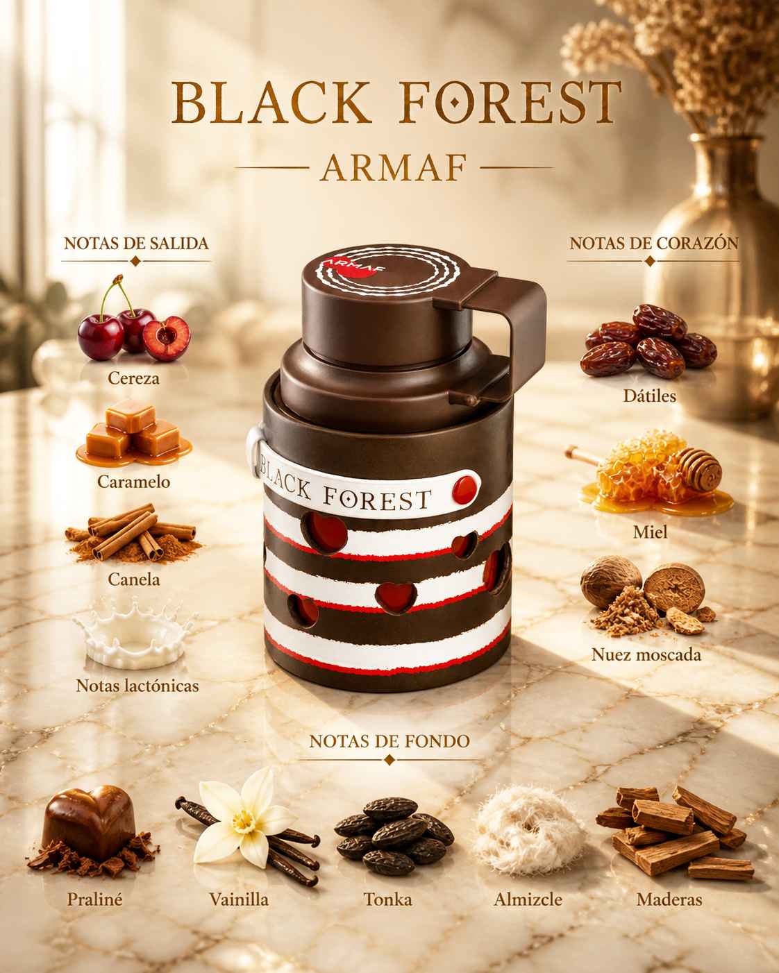 Armaf Black Forest composicion con chocolate cereza y notas dulces intensas