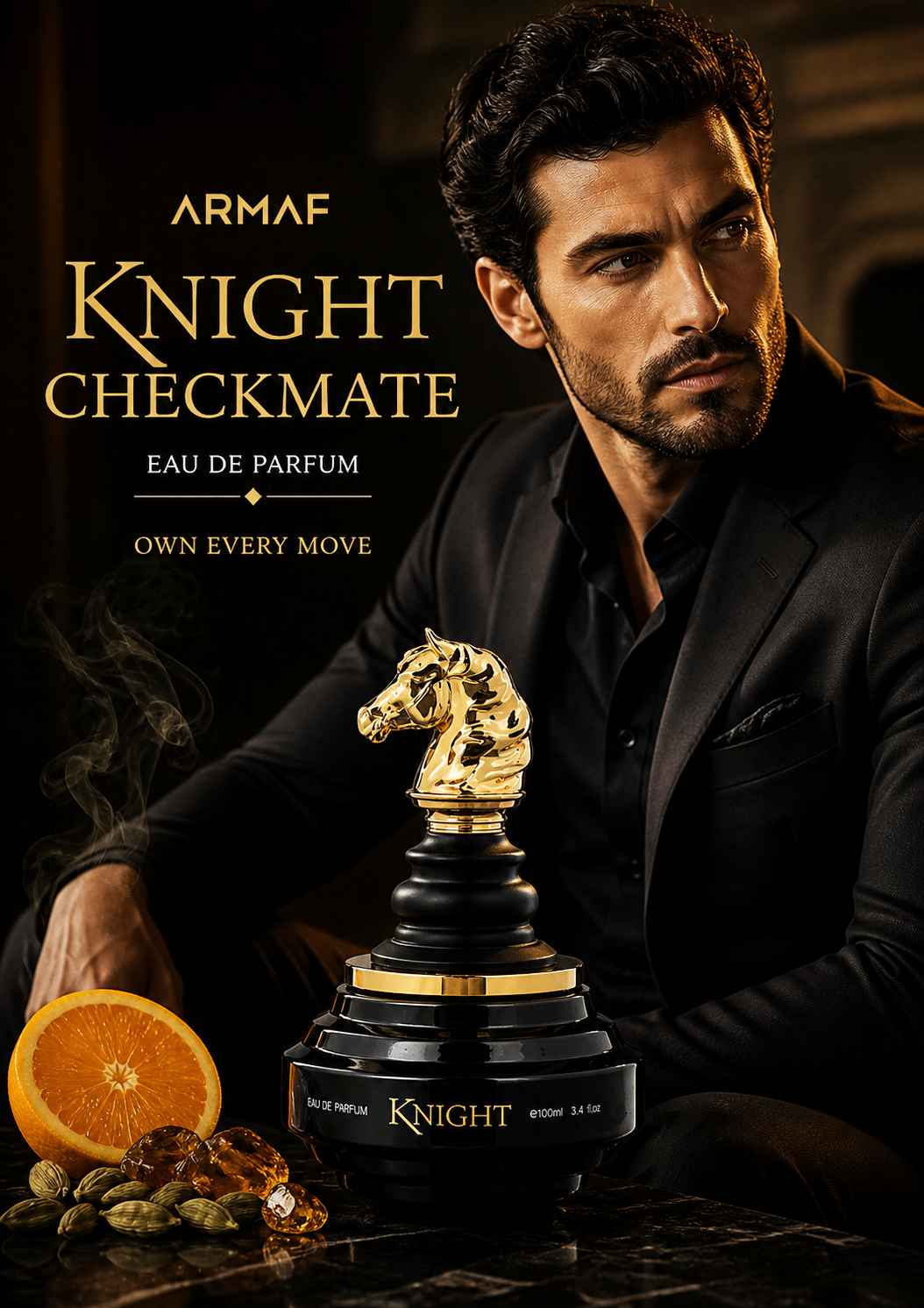 Armaf Check Mate Knight Black campaña visual con modelo elegante estilo formal nocturno