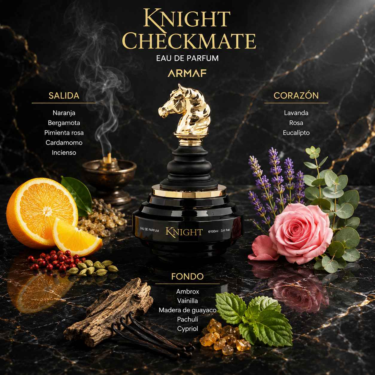 Armaf Check Mate Knight Black composicion con lavanda madera e incienso en estilo premium