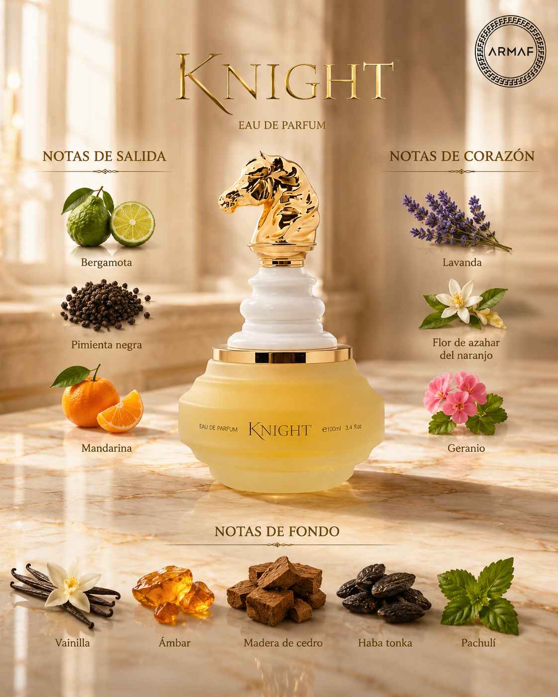 Armaf Check Mate Knight White presentación original con reflejo premium
