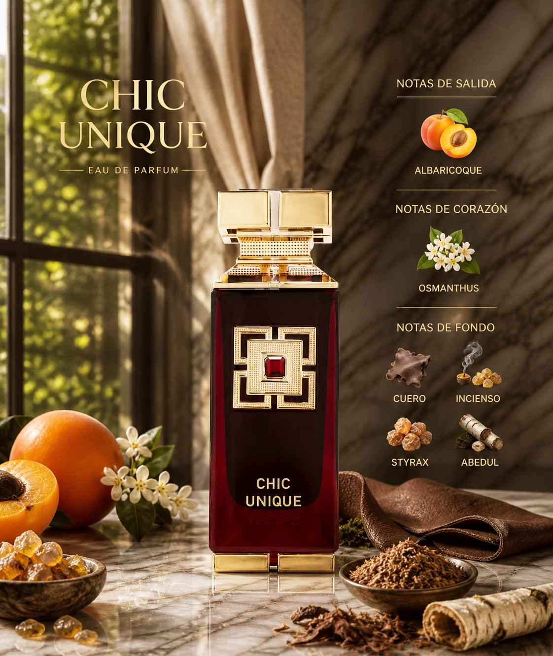 Fragrance World Chic Unique composición con notas oscuras y ambiente profundo