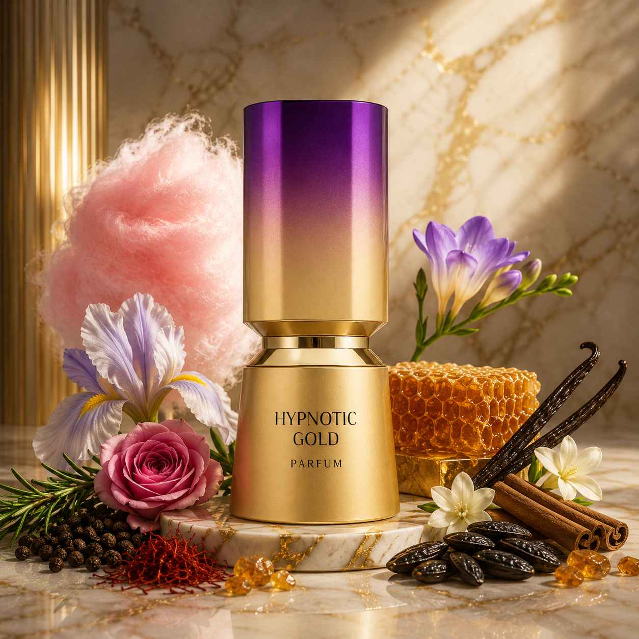 Composición publicitaria de Hypnotic Gold French Avenue estilo lujo moderno