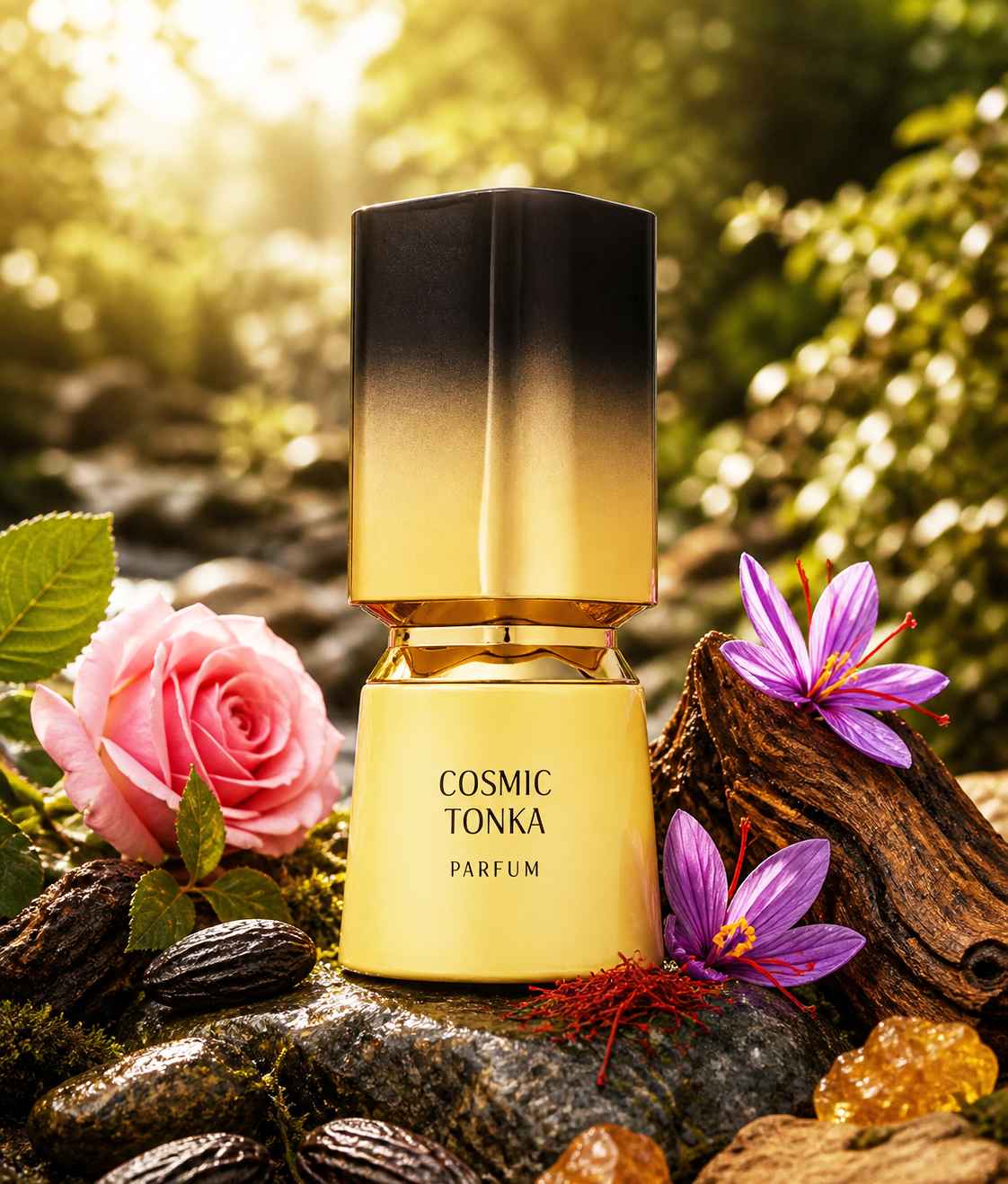 French Avenue Cosmic Tonka escena con rosa y madera de oud en ambiente cálido natural