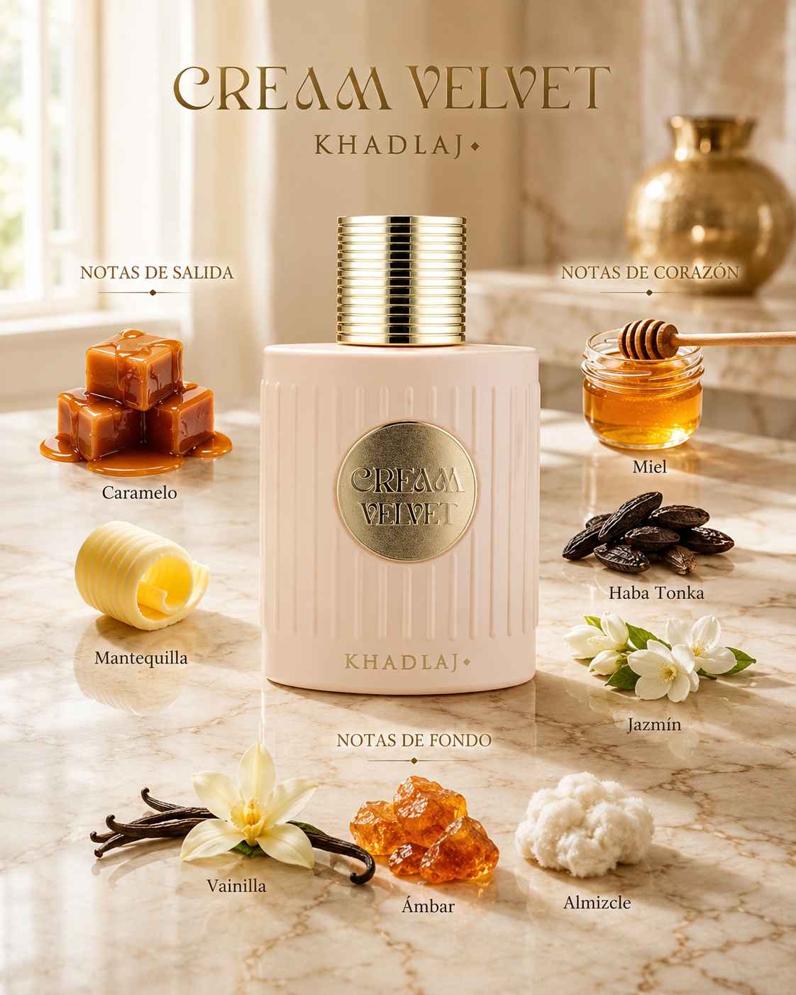 Khadlaj Cream Velvet perfume original con caja oficial y fotografía real de estudio