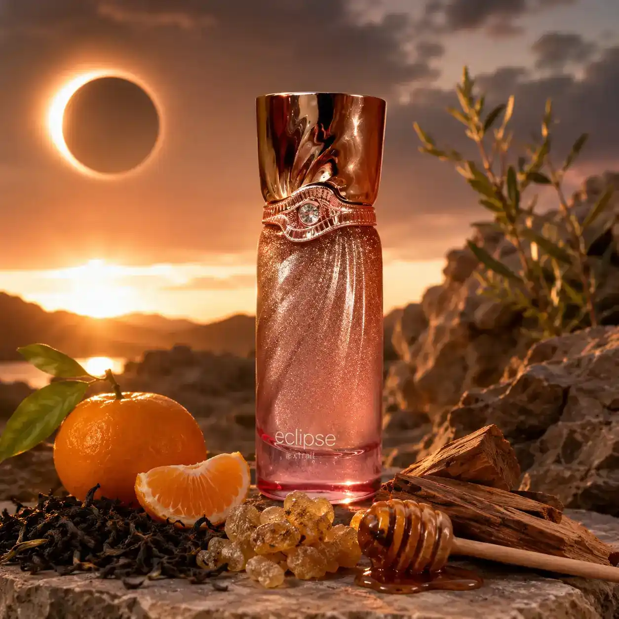 Eclipse Extrait Fragrance World rodeado de mandarina y té negro