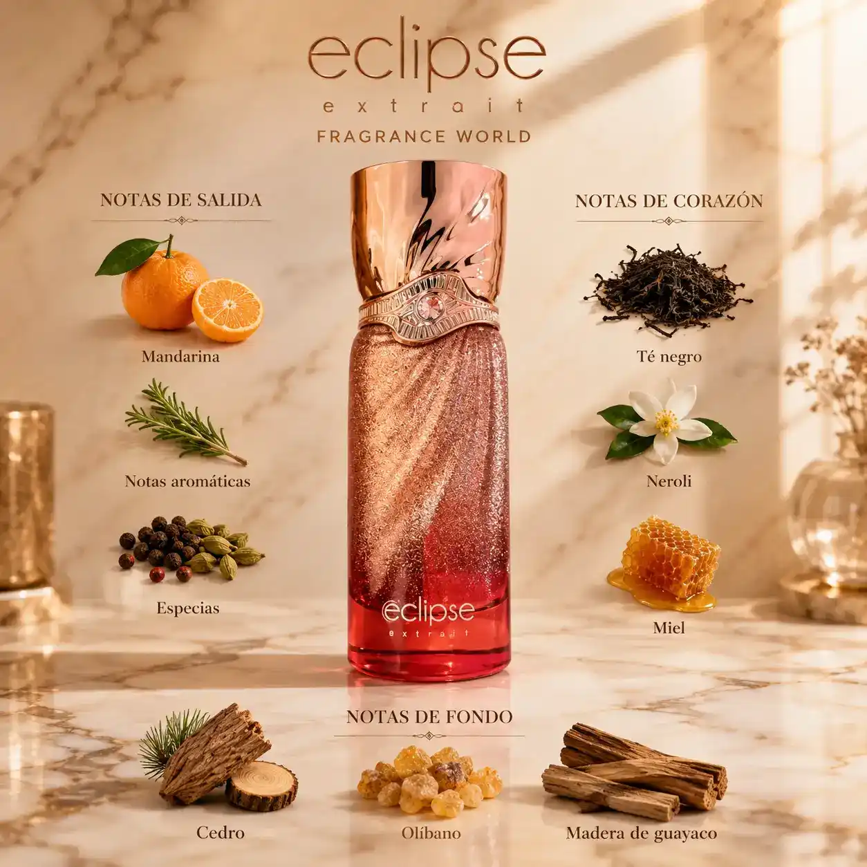 Frasco Eclipse Extrait Fragrance World sobre superficie de mármol