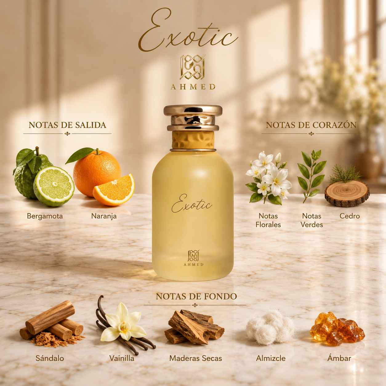 Ahmed Al Maghribi Exotic Eau de Parfum con fondo almizclado y amaderado