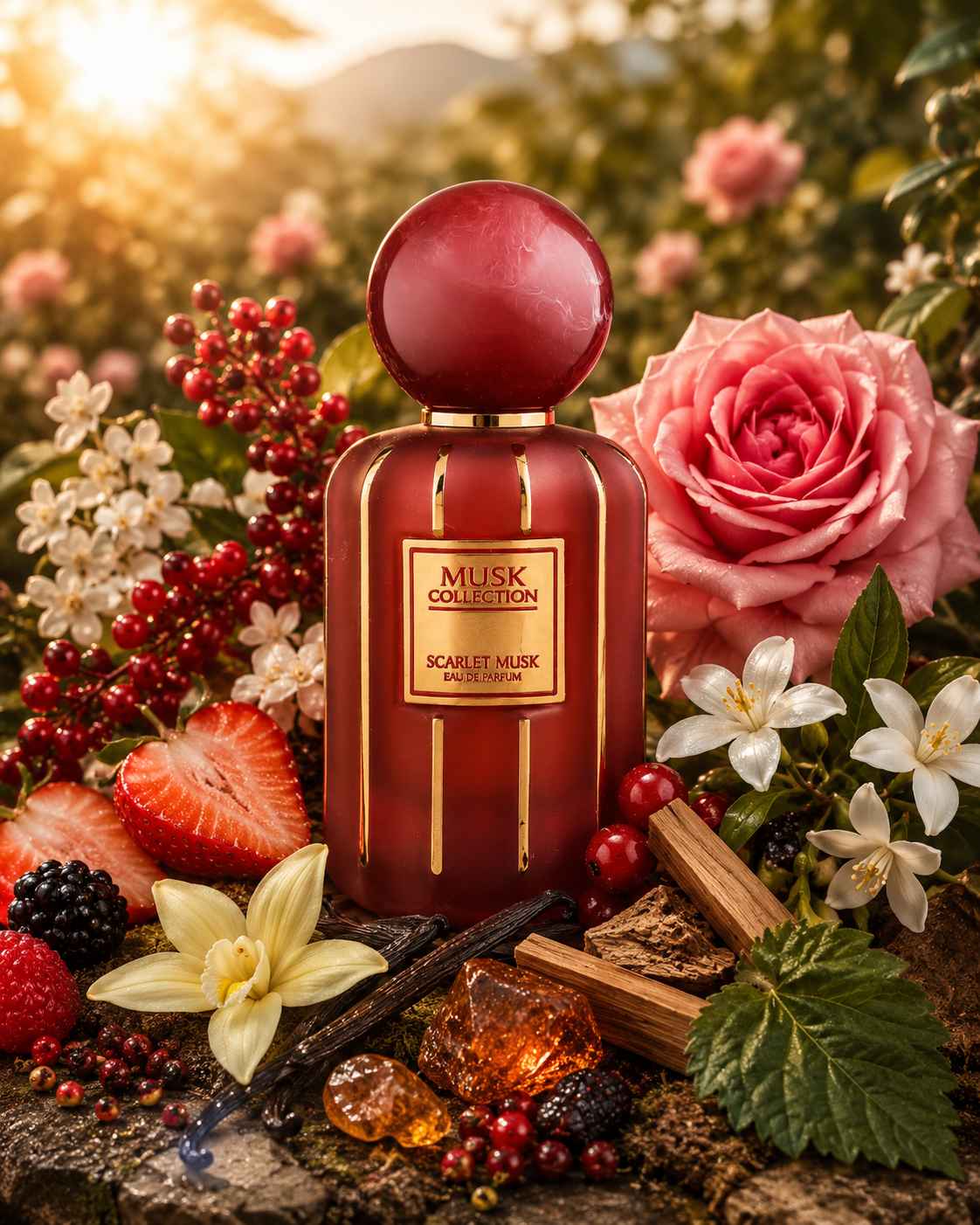 Flavia Scarlet Musk perfume rosa cremosa y frutos rojos