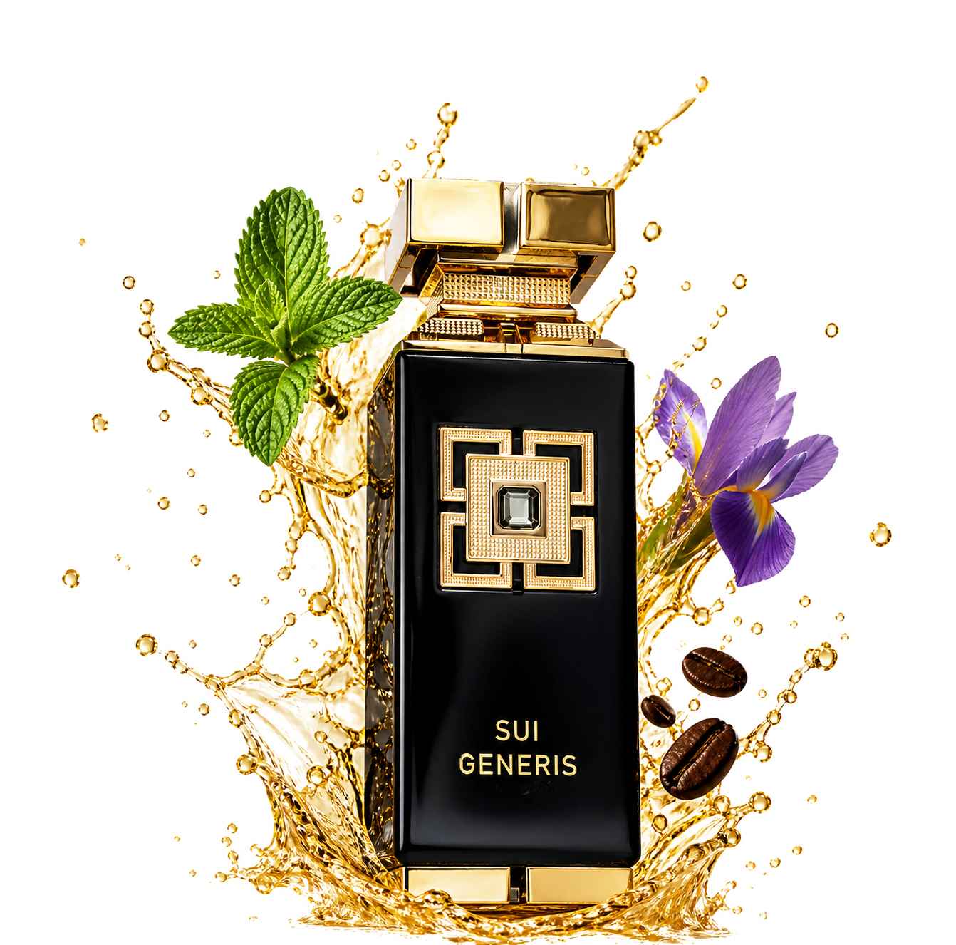 Fragrance World Sui Generis frasco con líquido en explosión dinámica sobre fondo blanco limpio
