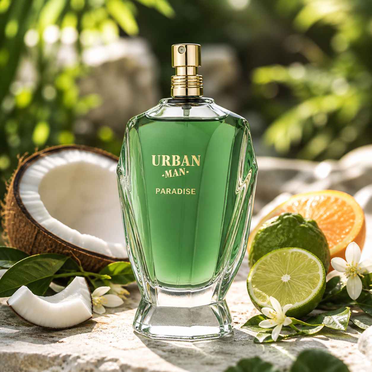 Fragrance World Urban Man Paradise escena con coco y ambiente veraniego con sensacion relajada