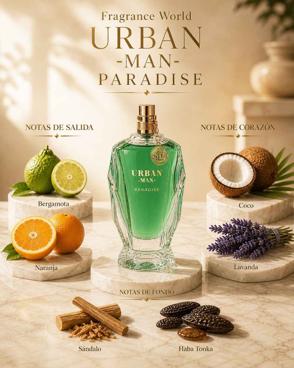 Fragrance World Urban Man Paradise composición con ingredientes tropicales y sensacion fresca natural veraniega