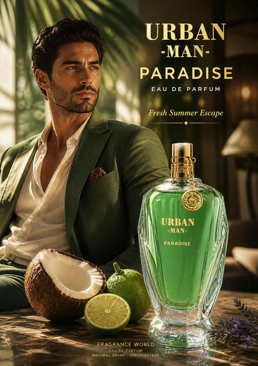 Fragrance World Urban Man Paradise campaña visual con modelo en ambiente veraniego fresco relajado y natural