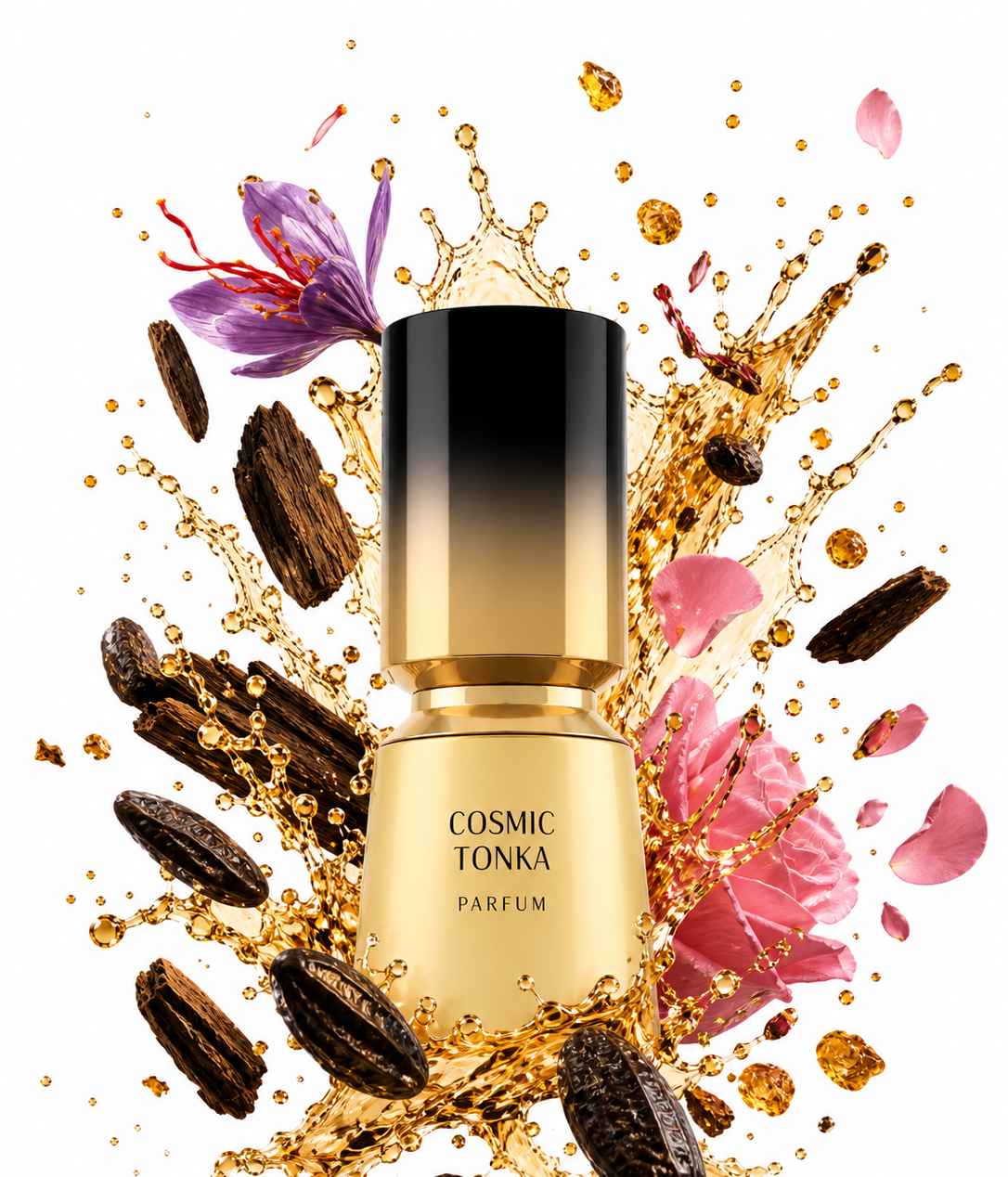 French Avenue Cosmic Tonka frasco rodeado de líquido oscuro en movimiento sobre fondo blanco limpio