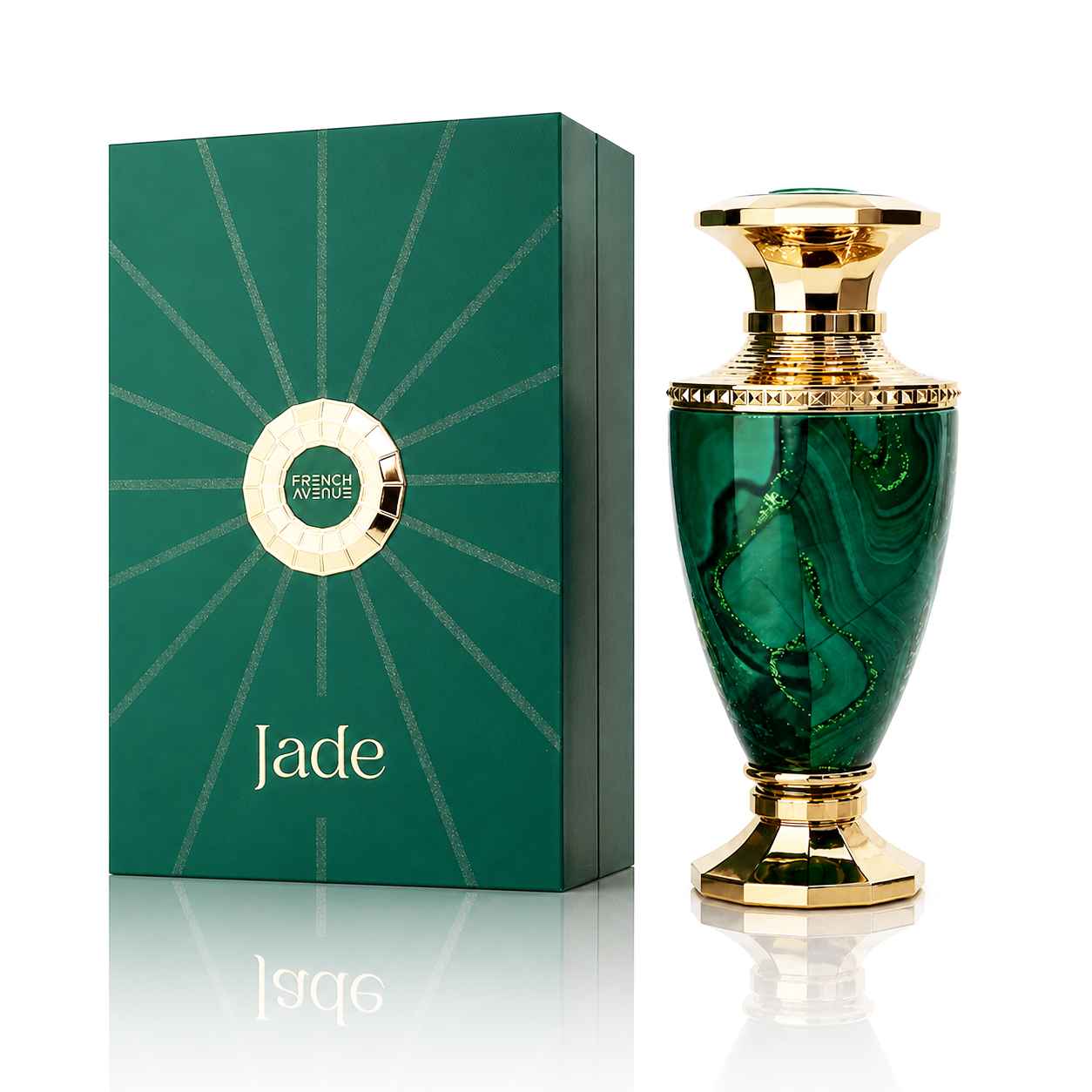 French Avenue Jade Green presentación del producto con caja y frasco en fondo claro tipo catálogo