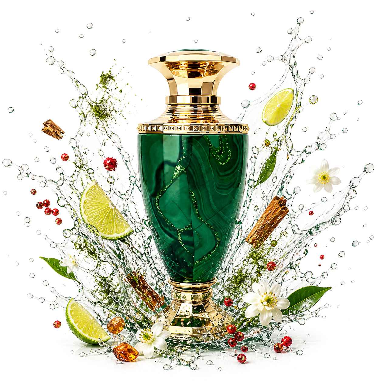 French Avenue Jade Green frasco con líquido verde explotando alrededor en efecto splash dinámico