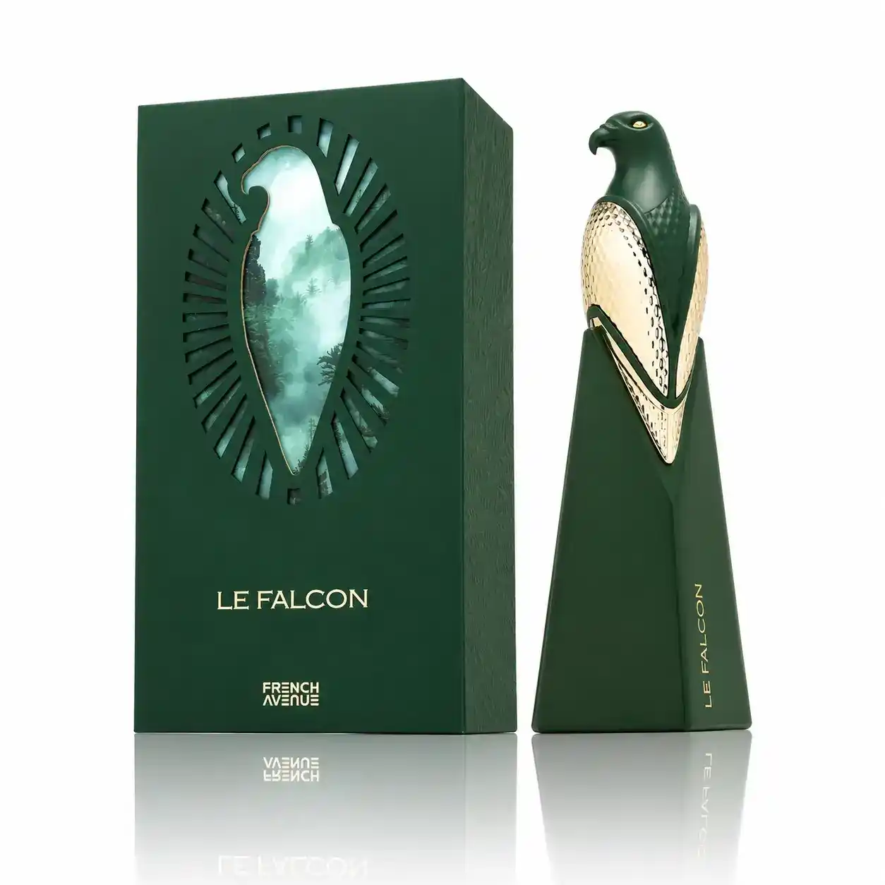 Frasco Le Falcon French Avenue con reflejo sobre superficie brillante