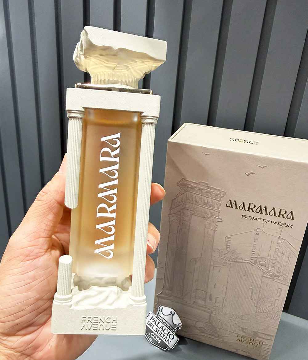 French Avenue Marmara uso en mano mostrando tamaño real y textura del perfume