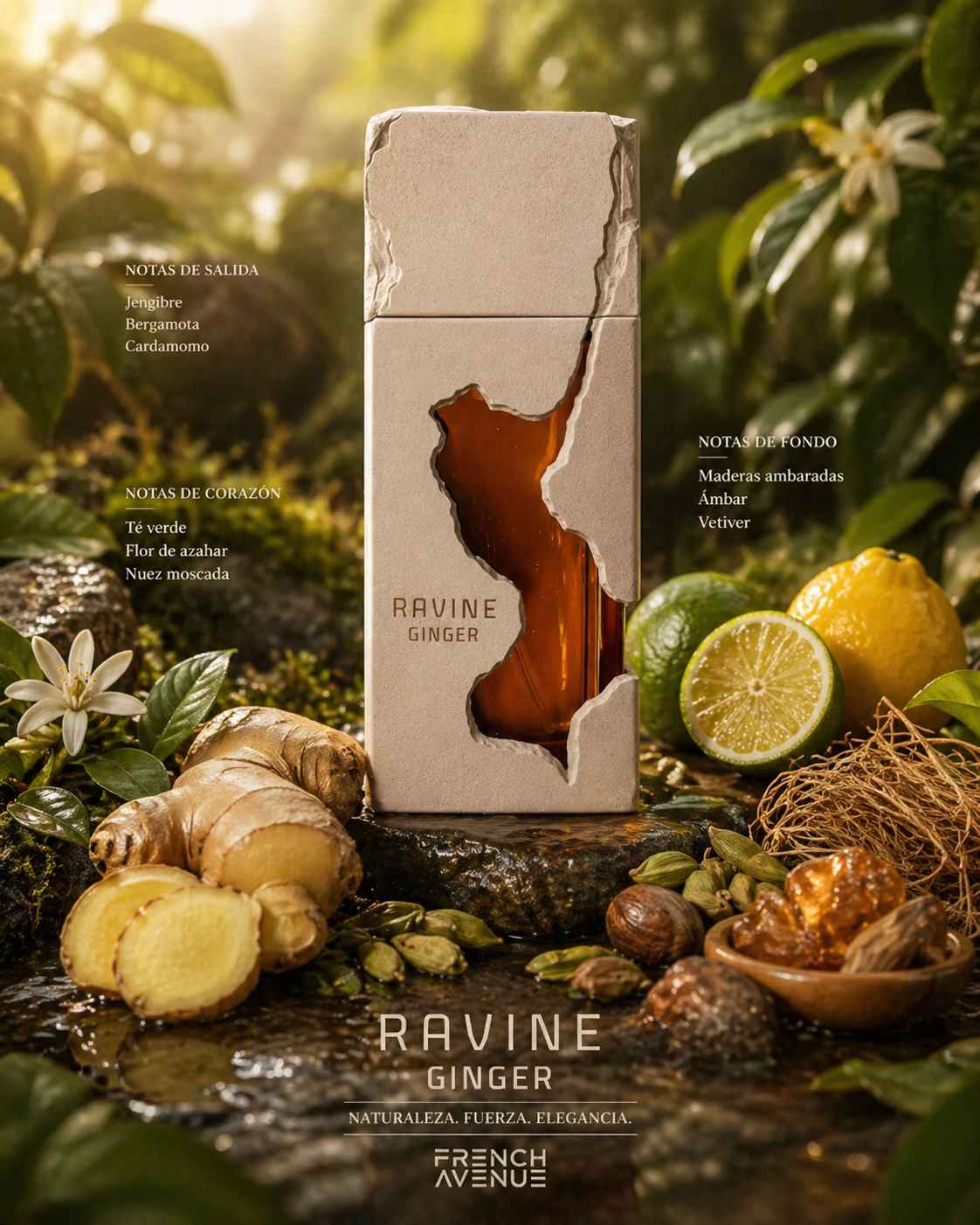 French Avenue Ravine Ginger rodeado de jengibre fresco y cítricos en escena natural luminosa