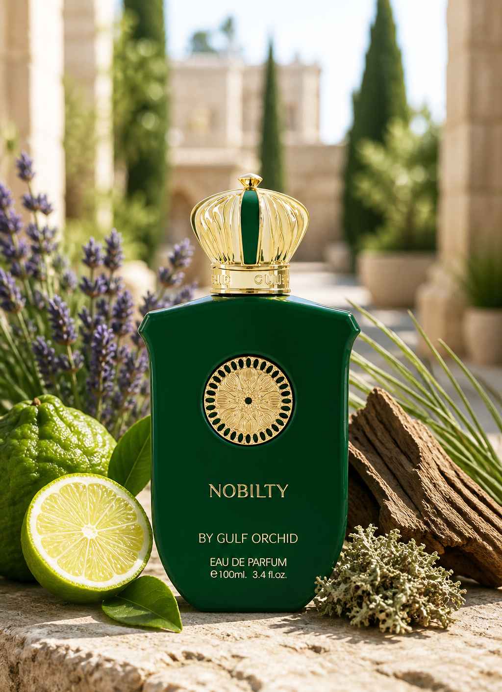 Gulf Orchid Nobility escena con lavanda y citricos en entorno natural luminoso elegante
