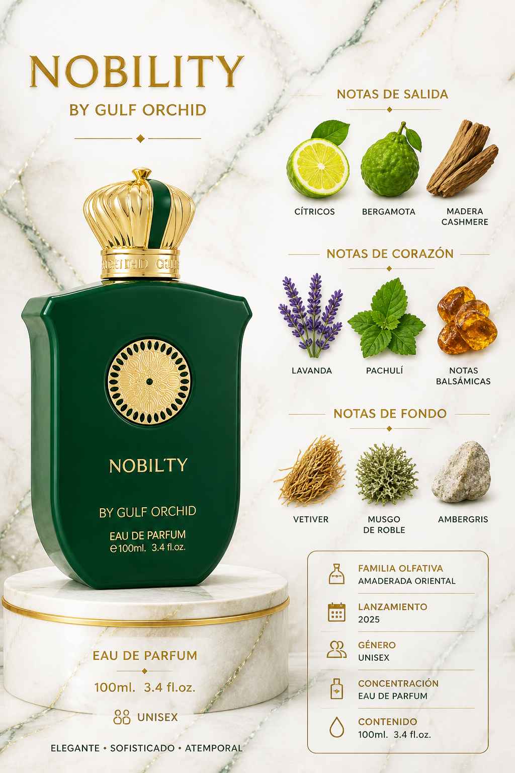 Gulf Orchid Nobility composicion con madera lavanda y citricos en estilo sobrio elegante
