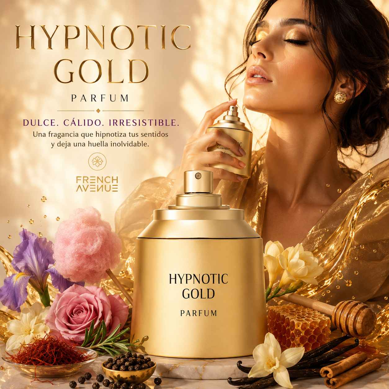 Botella Hypnotic Gold French Avenue en composición gourmand elegante